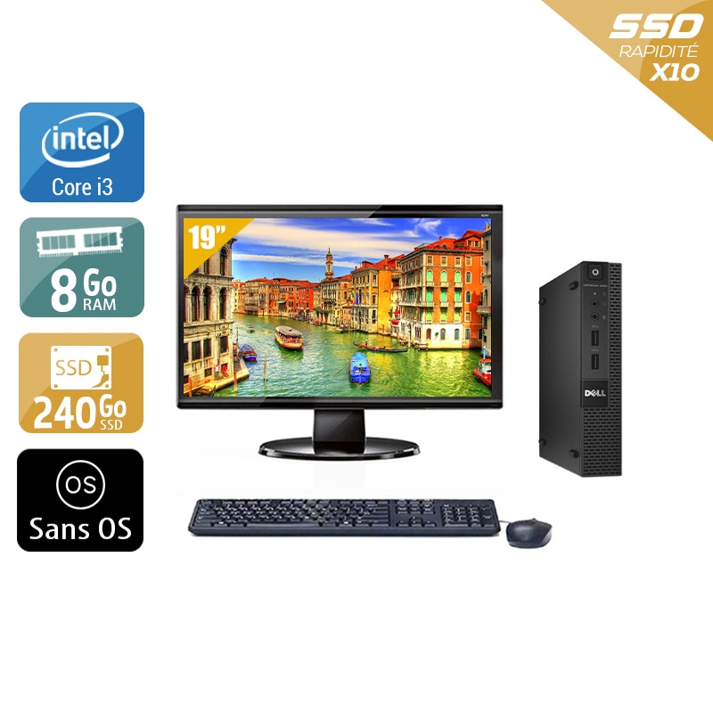 Dell Optiplex 3020M Micro i3 + Écran - 19'' 8Go RAM 240Go SSD Sans OS  Bon étatOccasion certifiée reconditionnée