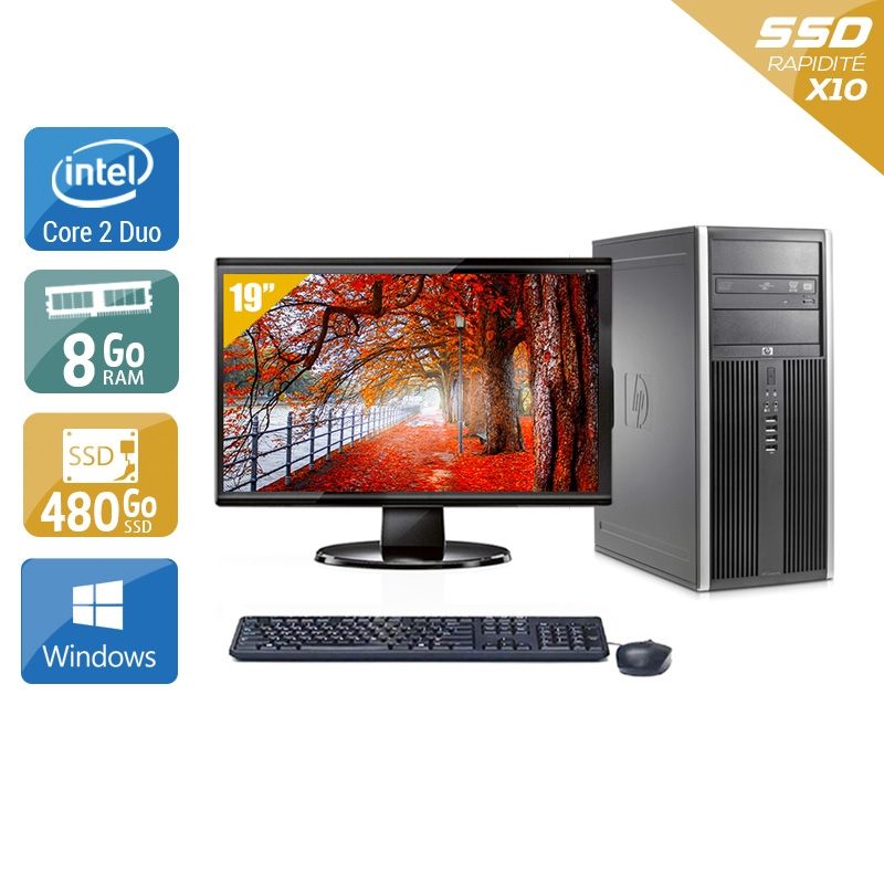 HP Compaq Elite 8000 Tower Core 2 Duo avec Écran 19 pouces 8Go RAM 480Go SSD Windows 10