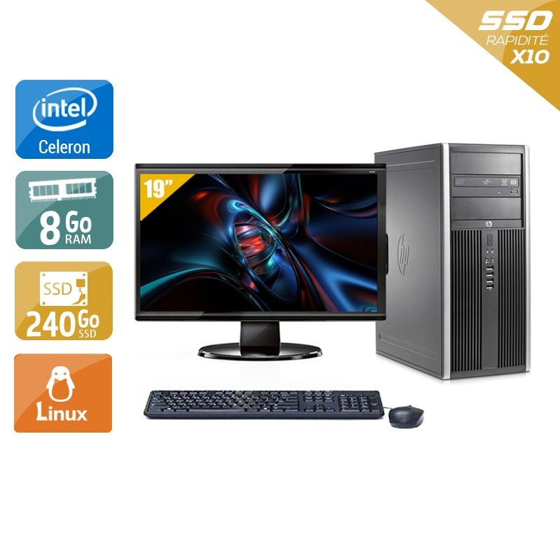 HP Compaq Elite 8200 Tower Celeron Dual Core avec Écran 19 pouces 8Go RAM 240Go SSD Linux