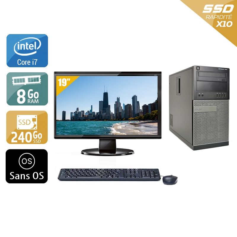 Dell Optiplex 7010 Tower i7 avec Écran 19 pouces 8Go RAM 240Go SSD Sans OS