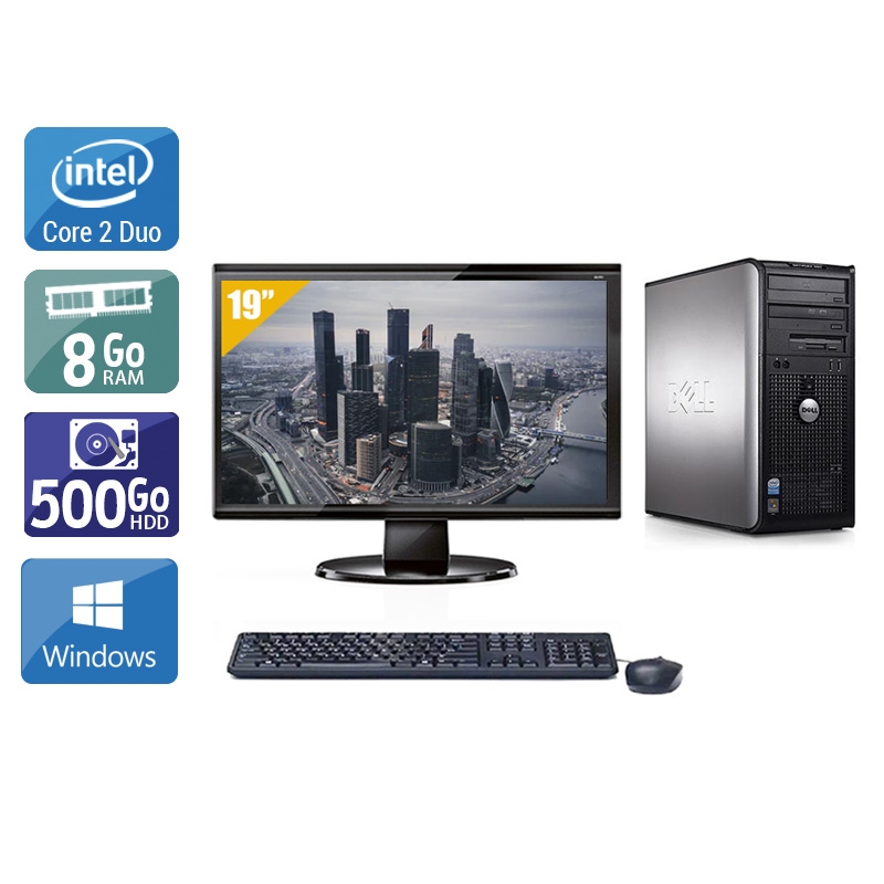 Dell Optiplex 760 Tower Core 2 Duo avec Écran 19 pouces 8Go RAM 500Go HDD Windows 10