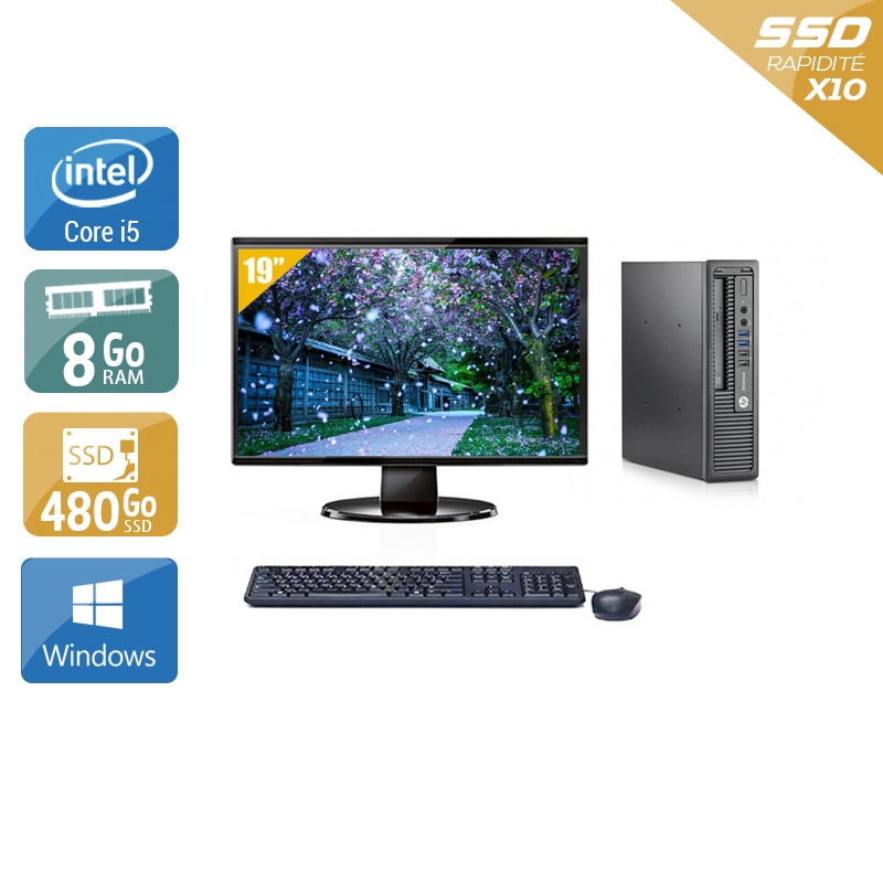 HP EliteDesk 800 G1 USDT i5 avec Écran 19 pouces 8Go RAM 480Go SSD Windows 10
