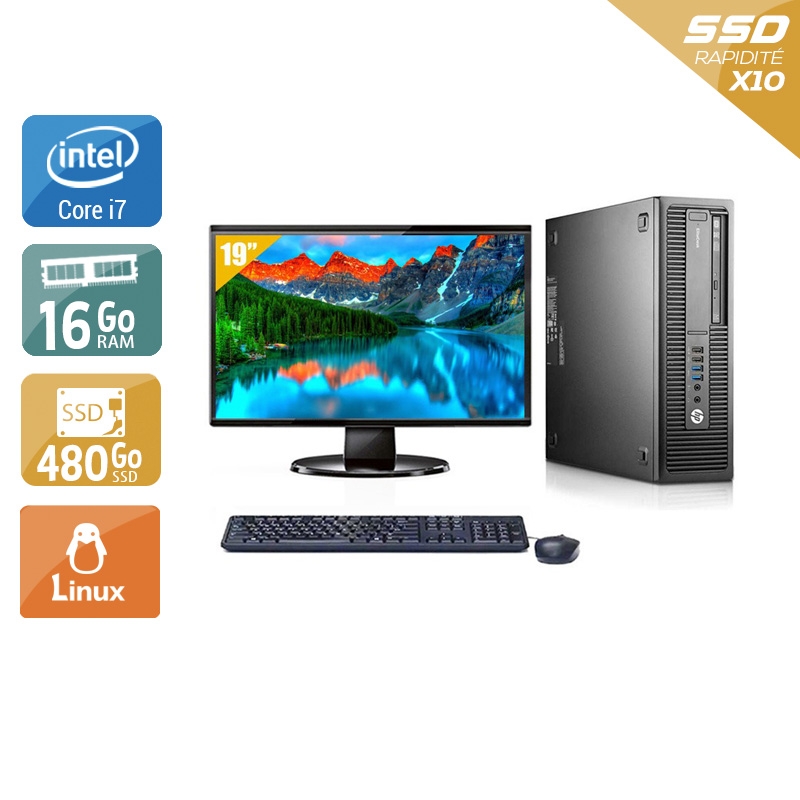 HP EliteDesk 800 G2 SFF i7 Gen 6 avec Écran 19 pouces 16Go RAM 480Go SSD Linux