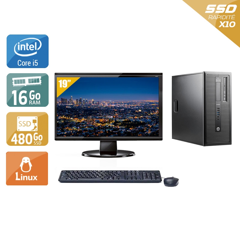 HP ProDesk 600 G1 Tower i5 avec Écran 19 pouces 16Go RAM 480Go SSD Linux