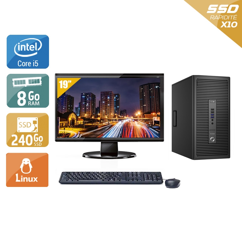 HP ProDesk 600 G2 Tower i5 Gen 6 avec Écran 19 pouces 8Go RAM 240Go SSD Linux