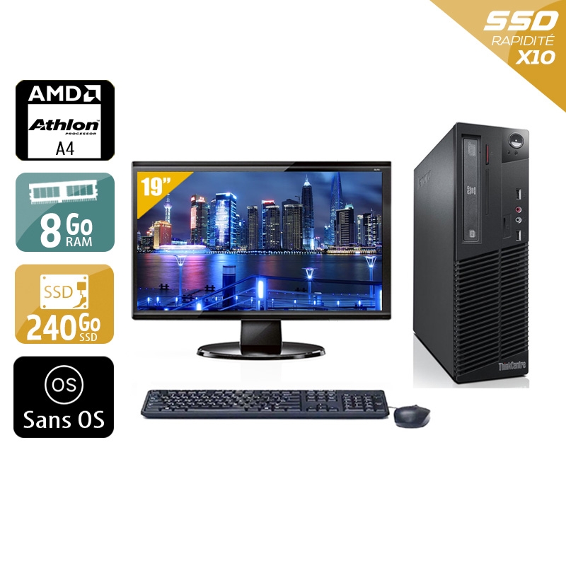 Lenovo ThinkCentre M78 SFF AMD A4 + Écran - 19'' 8Go RAM 240Go SSD Sans OS  Bon étatOccasion certifiée reconditionnée Bon état -  reconditionné disponible sur Kiatoo