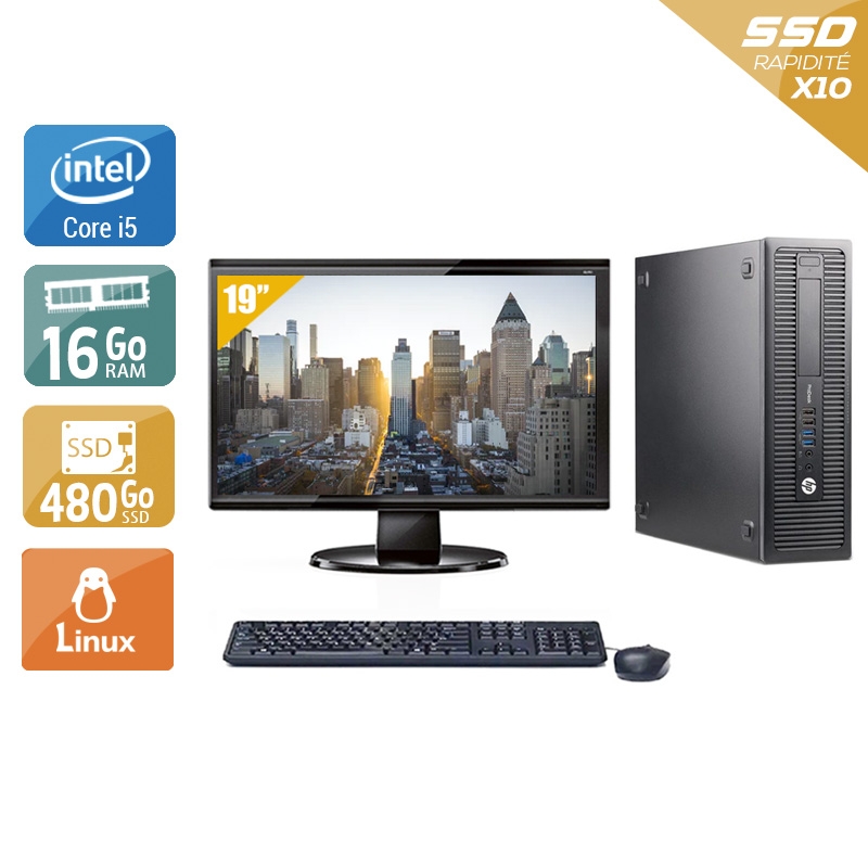 HP ProDesk 600 G1 SFF i5 avec Écran 19 pouces 16Go RAM 480Go SSD Linux