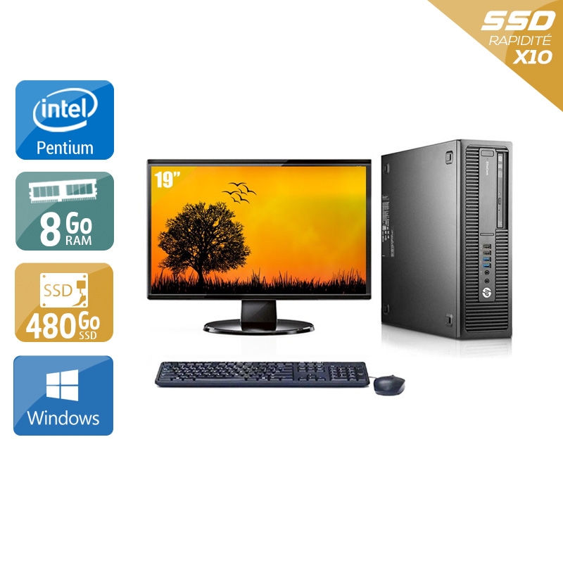 HP EliteDesk 800 G1 SFF Pentium G Dual Core avec Écran 19 pouces 8Go RAM 480Go SSD Windows 10