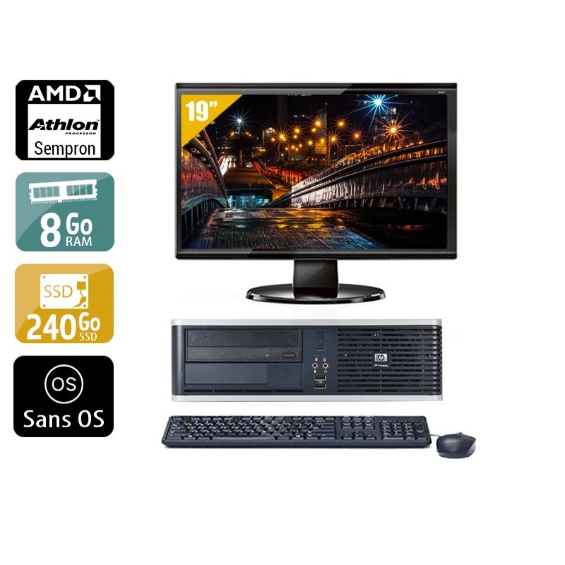 HP Compaq dc5750 SFF AMD Sempron + Écran - 19'' 8Go RAM 240Go SSD Sans OS  Très bon étatOccasion certifiée reconditionnée Bon état -  reconditionné disponible sur Kiatoo