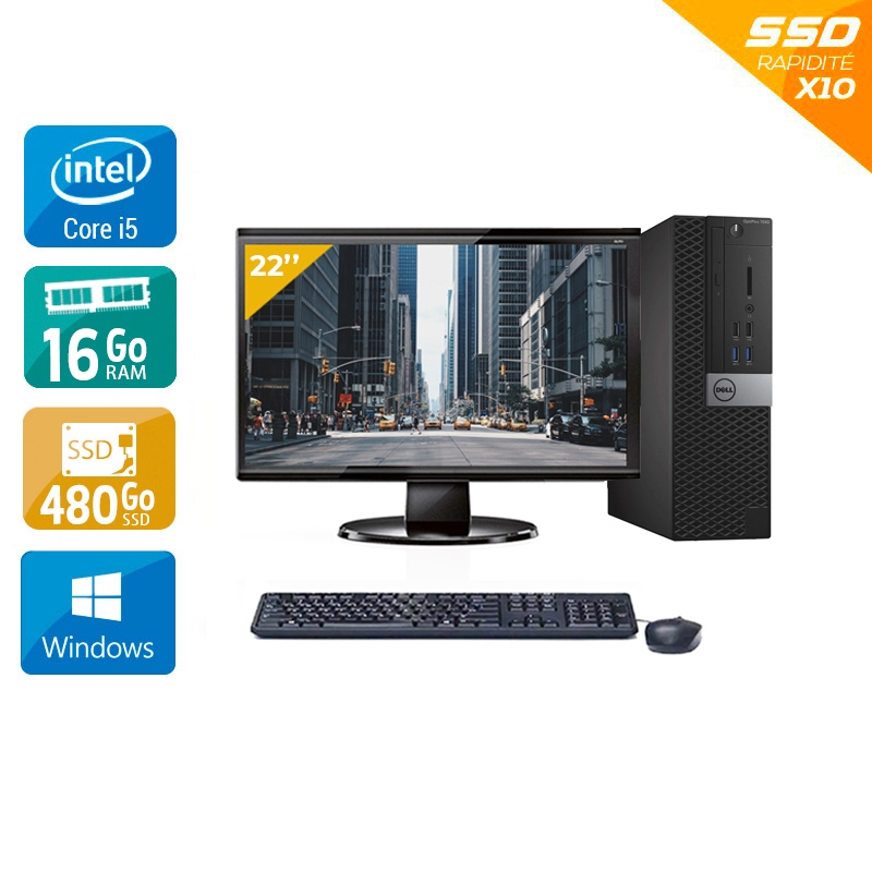 Dell Optiplex 7040 Desktop i5 Gen 6 + Écran 22'' 16Go RAM 480Go SSD Windows 10  État correctOccasion certifiée reconditionnée